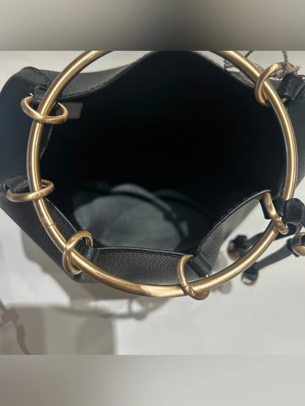 A New Day Black Faux Leather Ring Handle Bucket Bag Chic Gold Hardware Purse NWT